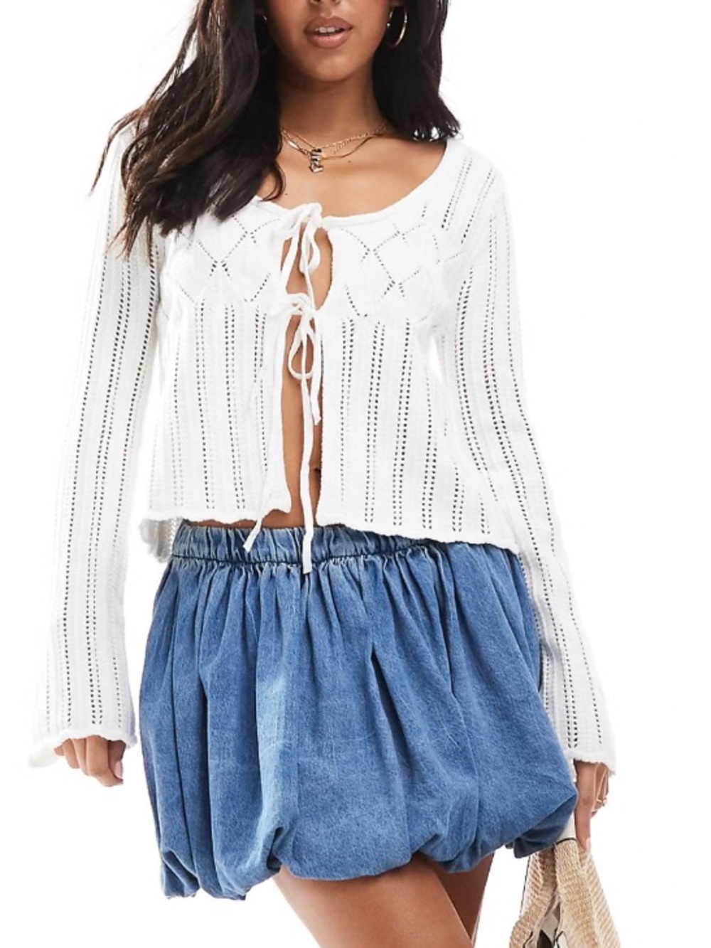 Hollister Long Sleeve Front Tie Crochet Top